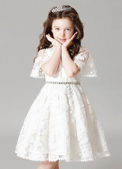 Lace Flower Girl Dress Boho Princess Ivory A-line Illusion Bell Sleeve Knee Length Pageant Dress With Jeweled Sash