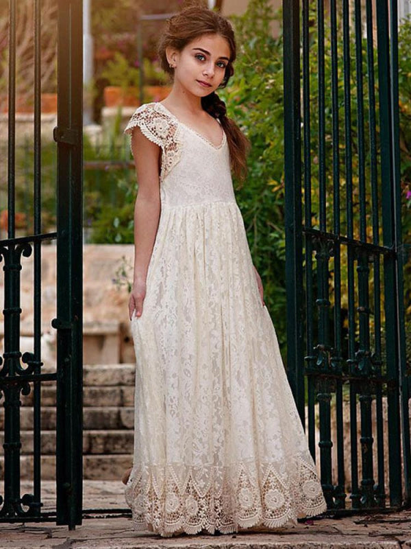 Boho Ivory Short Sleeves Flower Girl Dresses On Sale -Bridelily Boho Ivory Short Sleeves Flower Girl Dresses On Sale -Bridelily