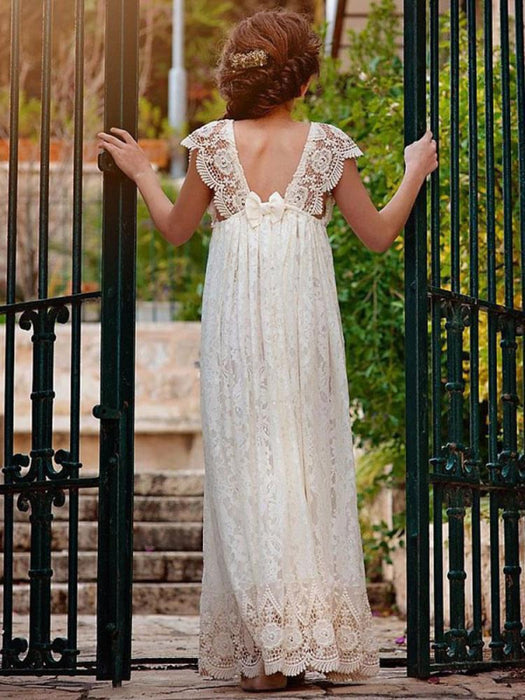 Boho Ivory Short Sleeves Flower Girl Dresses On Sale -Bridelily Boho Ivory Short Sleeves Flower Girl Dresses On Sale -Bridelily