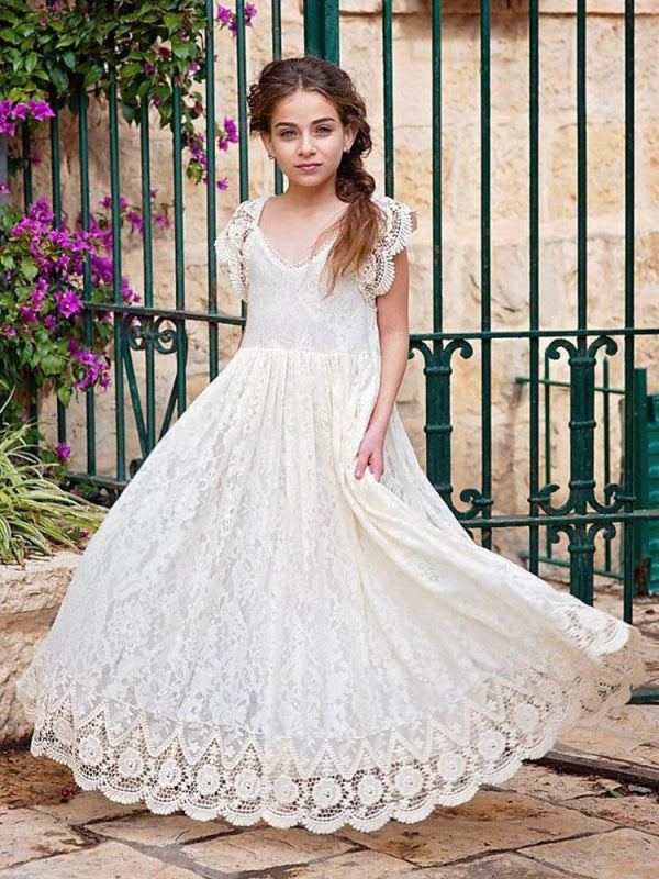 Boho Ivory Short Sleeves Flower Girl Dresses On Sale -Bridelily Boho Ivory Short Sleeves Flower Girl Dresses On Sale -Bridelily