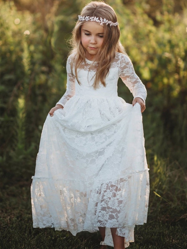 Flower Girl Dresses Jewel Neck Long Sleeves Lace kids social party dresses