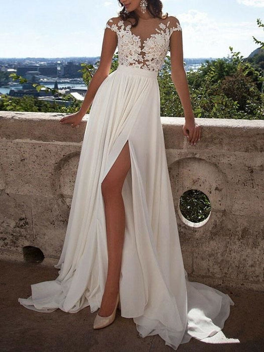 Boho Wedding Dress 2021 A Line V Neck Sleeveless Split Lace Appliqued Beach Bridal Gowns With Sweep Train