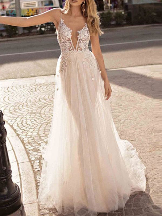 Boho Wedding Dress 2021 A Line V Neck Straps Sleeveless Tulle Beach Bridal Gowns