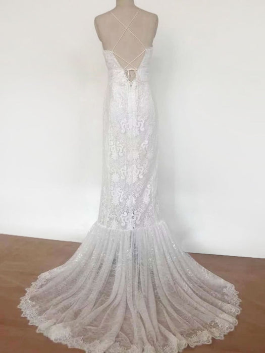 Boho Wedding Dress 2021 Lace A Line Halter Sleeveless Floor Length Bridal Gown With Train