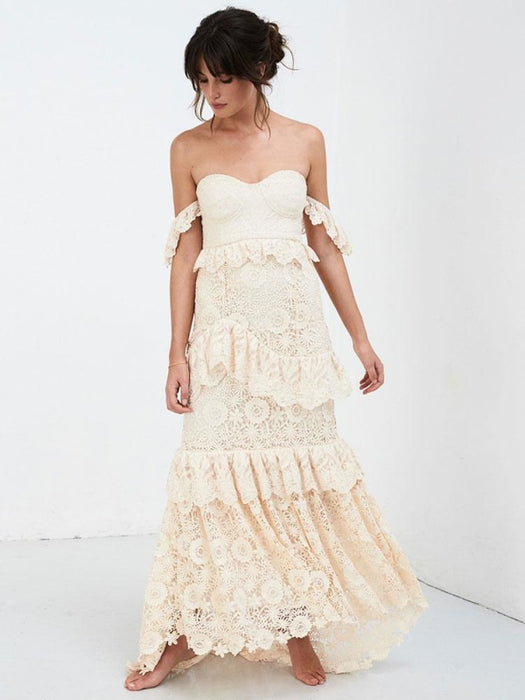 Boho Wedding Dress 2021 Off The Shoulder Floor Length Multilayer Lace Bridal Gowns