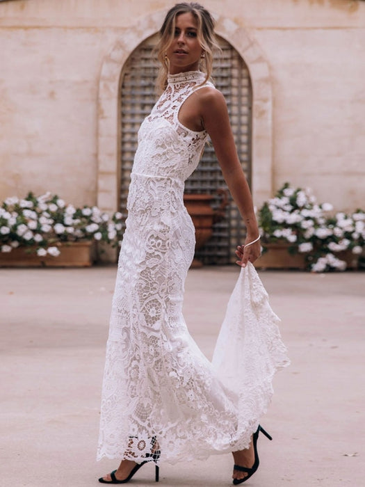 Boho Wedding Dress 2021 Sheath High Neck Sleeveless Floor Length Bridal Gown