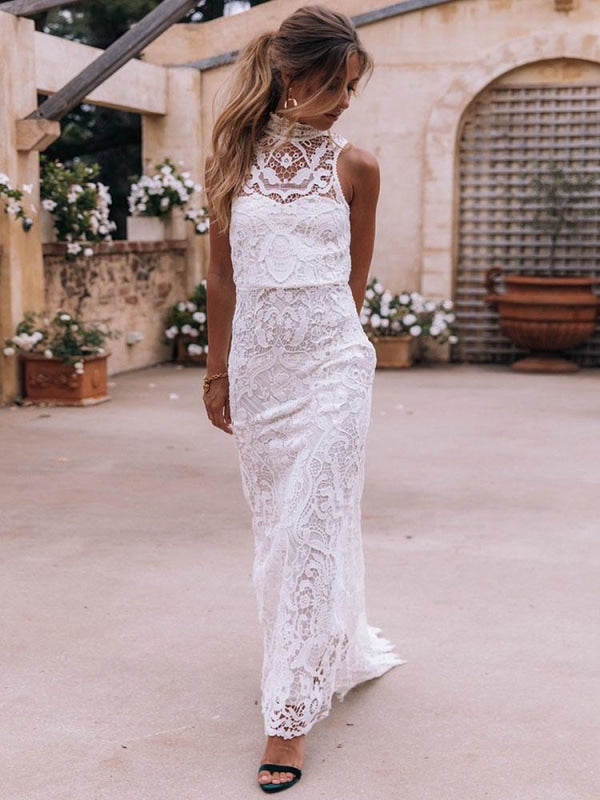 Stunning Appliques High Neck Lace Wedding Dresses with Sequins