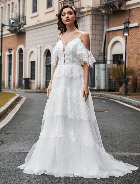Boho Wedding Dress Lace A-Line V-Neck Natural Waistline Beaded Wedding Gown