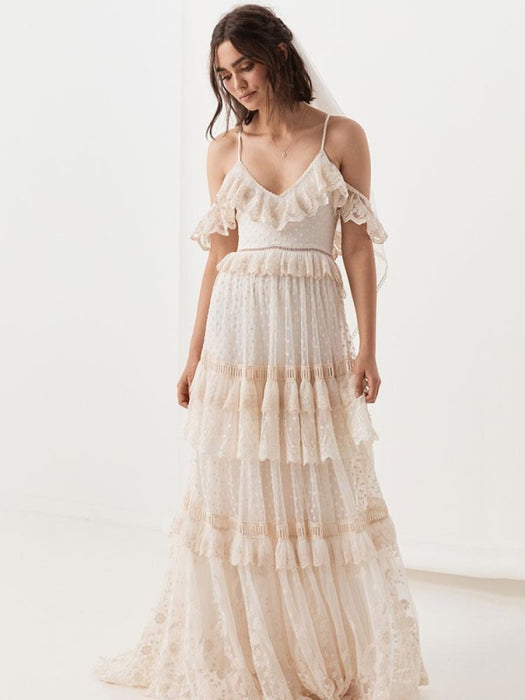 Boho Wedding Dress Suit 2021 V Neck Floor Length Lace Multilayer Bridal Gown Dress And Outfit