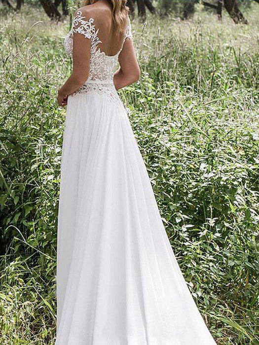 Boho Wedding Dresses 2021 Chiffon Deep V Neck Short Sleeve Lace Appliqued Split Front Beach Bridal Gowns