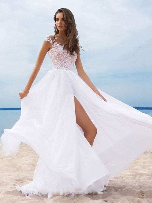 Boho Wedding Dresses 2021 chiffon v neck Short Sleeves A Line Split Front Bridal Dresses For Beach Wedding