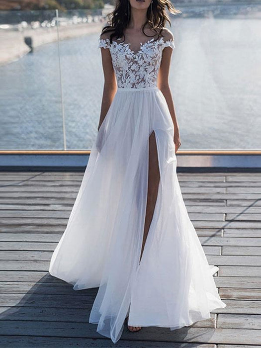 boho wedding dresses 2021 lace off the shoulder short sleeve floor length  split front bridal dress with train — Bridelily
