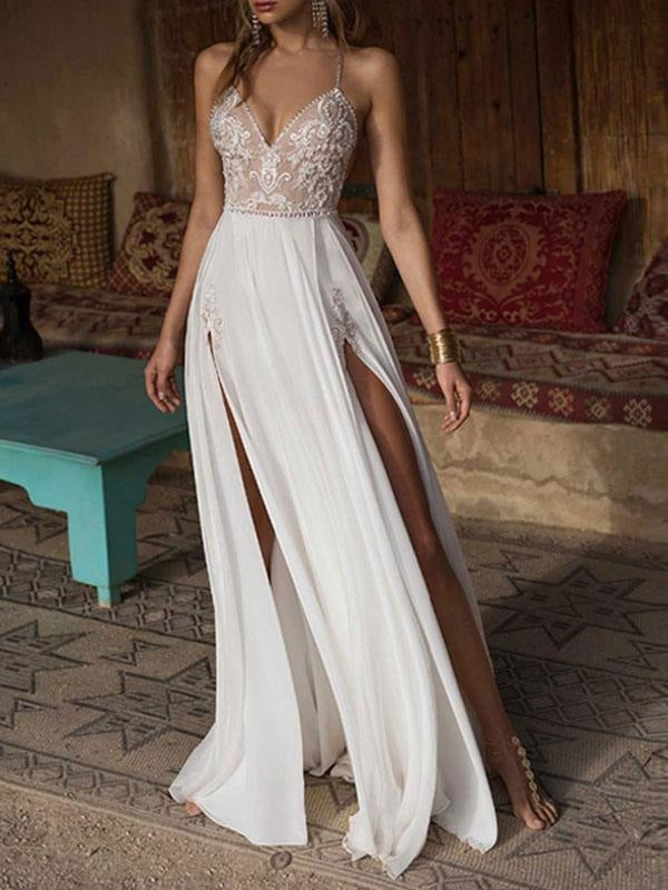 Boho Wedding Dresses 2021 lace v neck Sleeveless Beaded Backless double splits Chiffon Beach Bridal Gowns