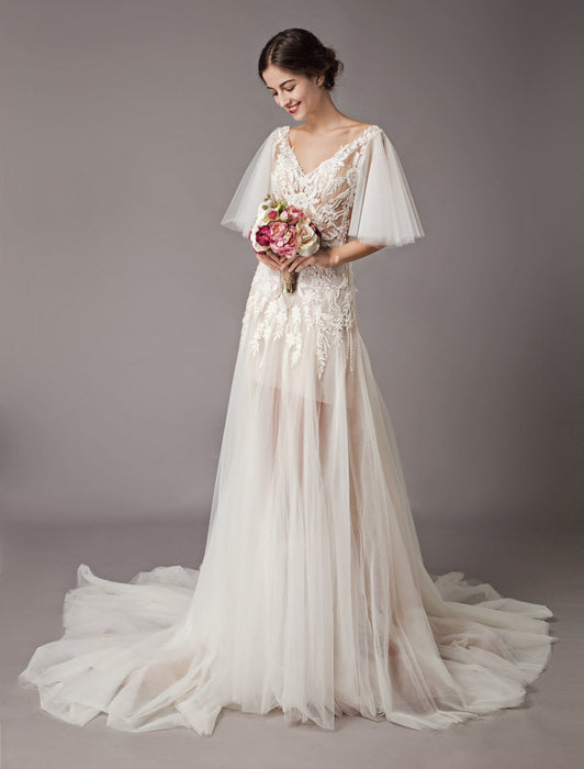 ulle Lace V Neck Backless Summer Beach Bridal Gowns-Bridelily ulle Lace V Neck Backless Summer Beach Bridal Gowns-Bridelily