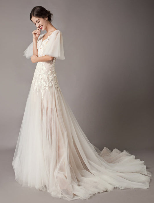 ulle Lace V Neck Backless Summer Beach Bridal Gowns-Bridelily ulle Lace V Neck Backless Summer Beach Bridal Gowns-Bridelily