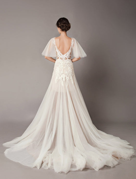 ulle Lace V Neck Backless Summer Beach Bridal Gowns-Bridelily ulle Lace V Neck Backless Summer Beach Bridal Gowns-Bridelily
