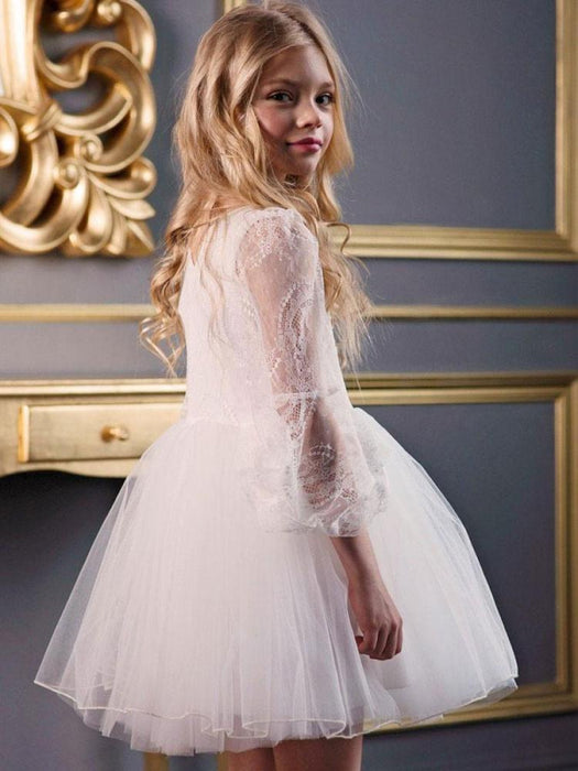 White Flower Girl Dresses V-Neck Long Sleeves Polyester Kids Social Party Dresses