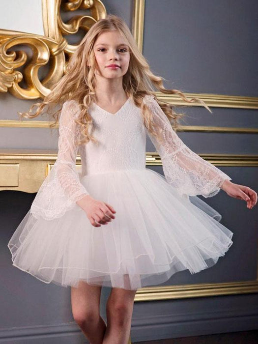 White Flower Girl Dresses V-Neck Long Sleeves Polyester Kids Social Party Dresses