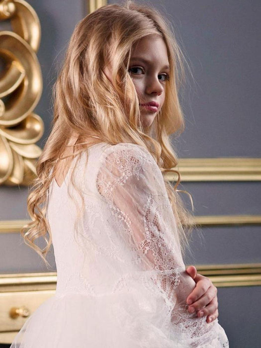 White Flower Girl Dresses V-Neck Long Sleeves Polyester Kids Social Party Dresses