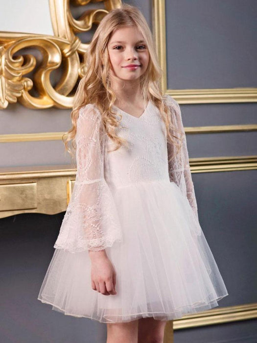 White Flower Girl Dresses V-Neck Long Sleeves Polyester Kids Social Party Dresses