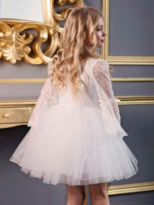 White Flower Girl Dresses V-Neck Long Sleeves Polyester Kids Social Party Dresses