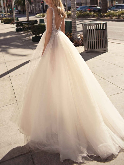 Bridal Dress 2021 A Line V Neck Sleeveless Beaded Court Train Front Split Tulle Bridal Gowns