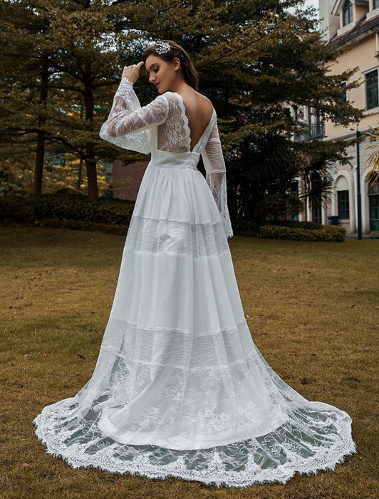 Bridal Gowns Boho Wedding Dress Long Sleeves Lace V-Neck Lace Chiffon Wedding Gowns