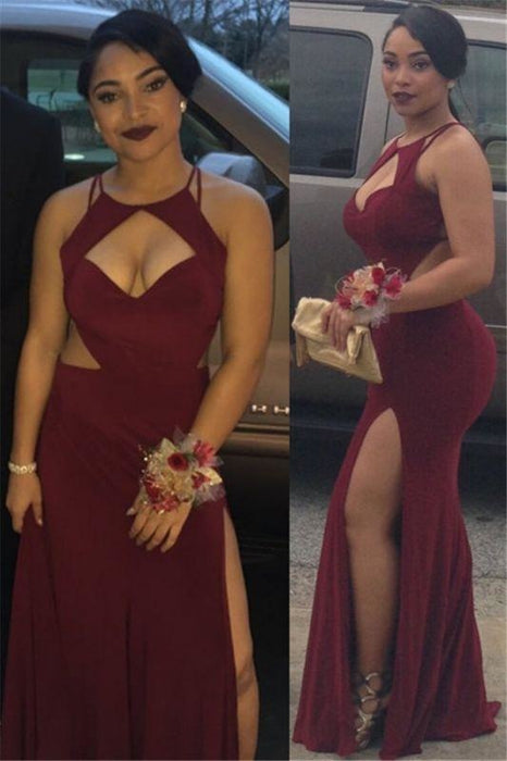 Bridelily 2019 Burgundy Mermaid Prom Dresses Cutouts Side Slit Long Sexy Maroon Evening Gowns - Prom Dresses