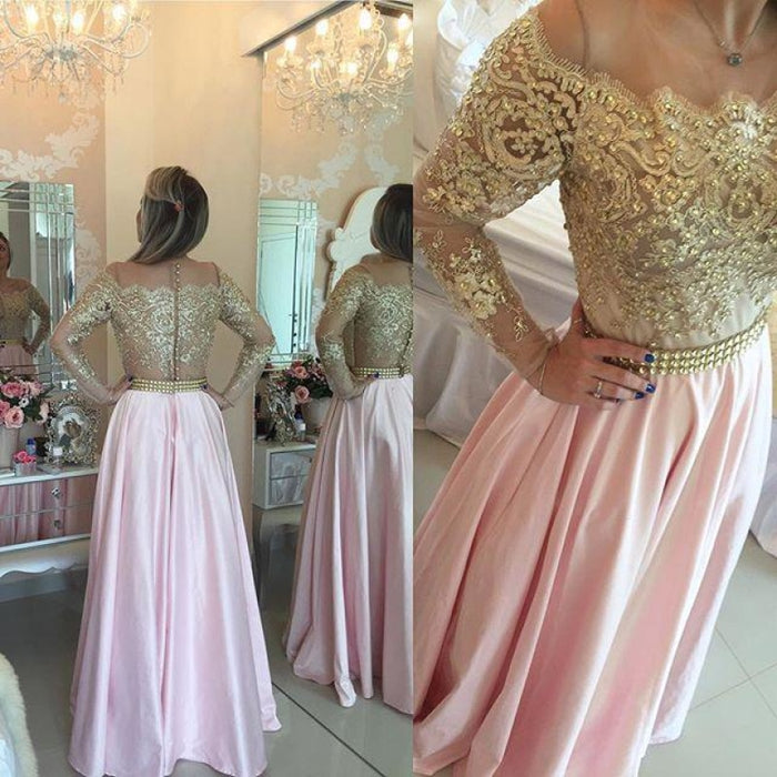 Bridelily 2019 Gold Pink Prom Dresses Long Sleeves Crystals Beaded Off the Shoulder Illusion Lace Evening Gowns Bar0020 - Prom Dresses