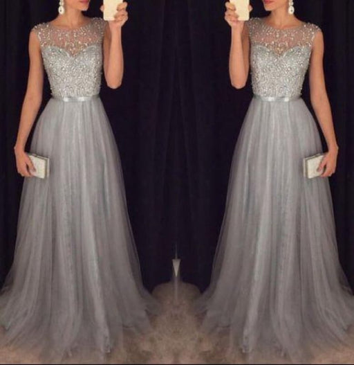 Bridelily 2019 Grey A-line Prom Dresses Beaded Long Tulle Luxury Evening Gowns - Prom Dresses