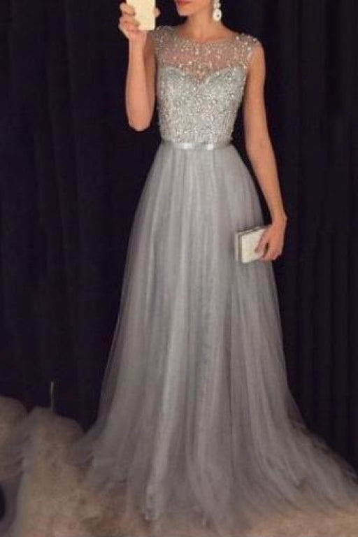 Bridelily 2019 Grey A-line Prom Dresses Beaded Long Tulle Luxury Evening Gowns - Prom Dresses