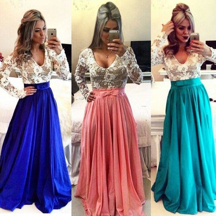 Bridelily 2019 Lace Long Sleeves Prom Dresses V Neck Sheer Open Back Beaded Evening Gowns - Prom Dresses