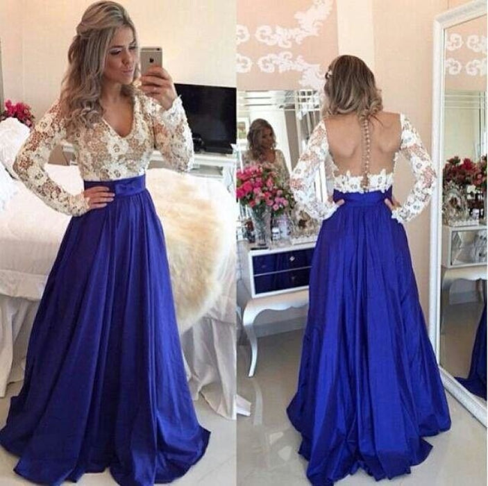 Bridelily 2019 Lace Long Sleeves Prom Dresses V Neck Sheer Open Back Beaded Evening Gowns - Prom Dresses