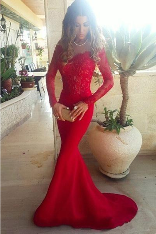 Bridelily 2019 Red Lace Mermaid Evening Gowns Long Sleeves Off the Shoulder Sexy Long Prom Dresses - Prom Dresses
