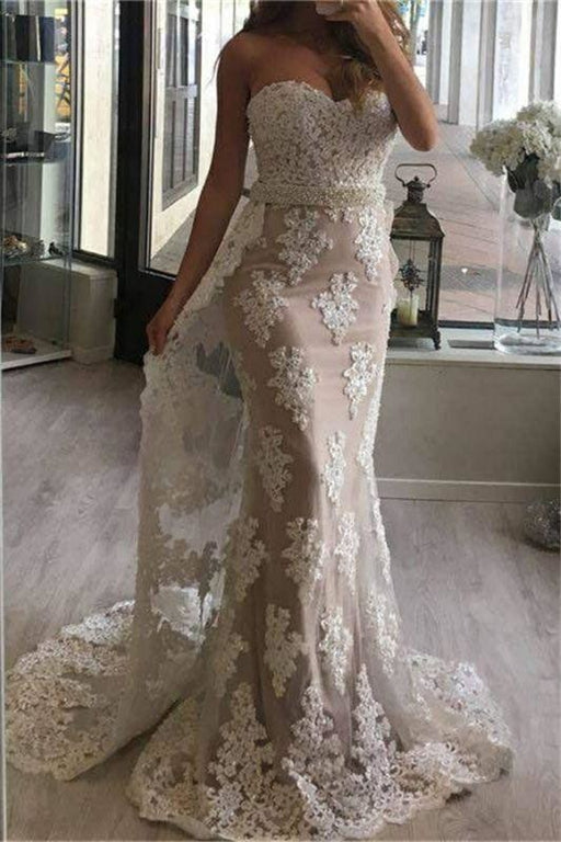 Bridelily 2019 Tulle Appliques Pearl Prom Dresses Mermaid Beaded Sweetheart with Train - Prom Dresses