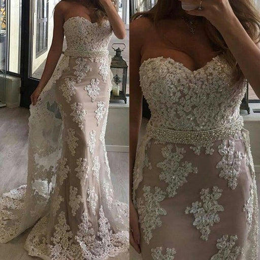Bridelily 2019 Tulle Appliques Pearl Prom Dresses Mermaid Beaded Sweetheart with Train - Prom Dresses