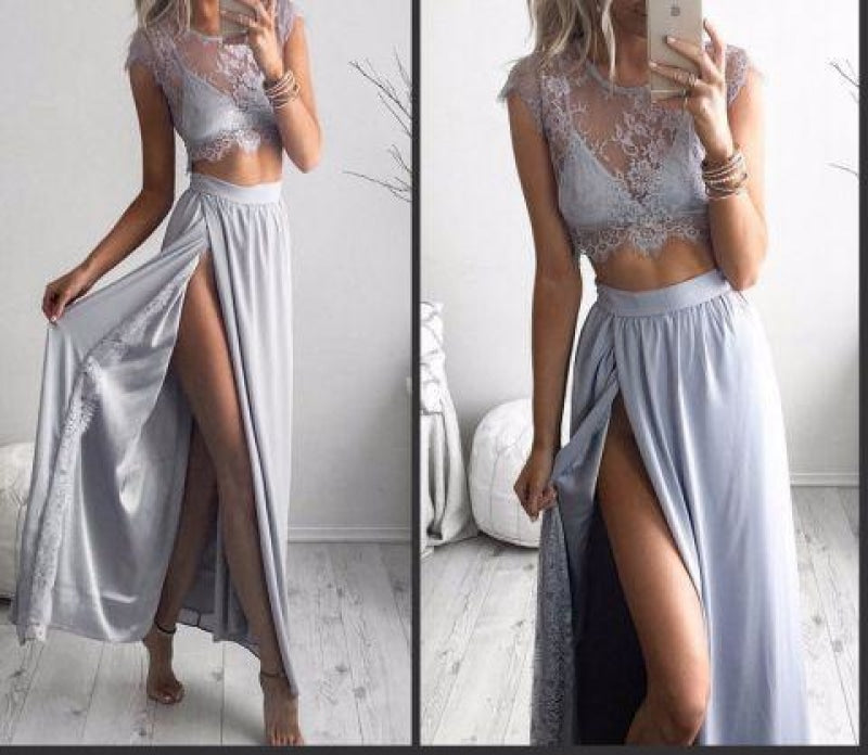Bridelily 2019 Two-Piece Prom Dresses Sheer Lace Top Side Split Chiffon Floor Length Sexy Party Dresses - Prom Dresses