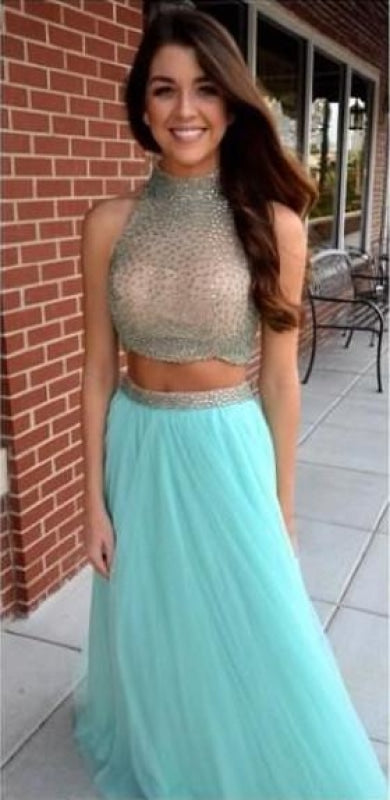 Bridelily 2019 Two Pieces Separate Long Prom Dresses High Neck Front Slit Beading Junior Formal Party Dresses - Prom Dresses