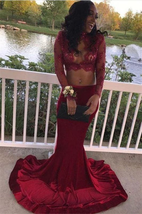 crop top long sleeve prom dresses Black Lace Crop Top Satin Floor Length Prom Dresses Two Piece