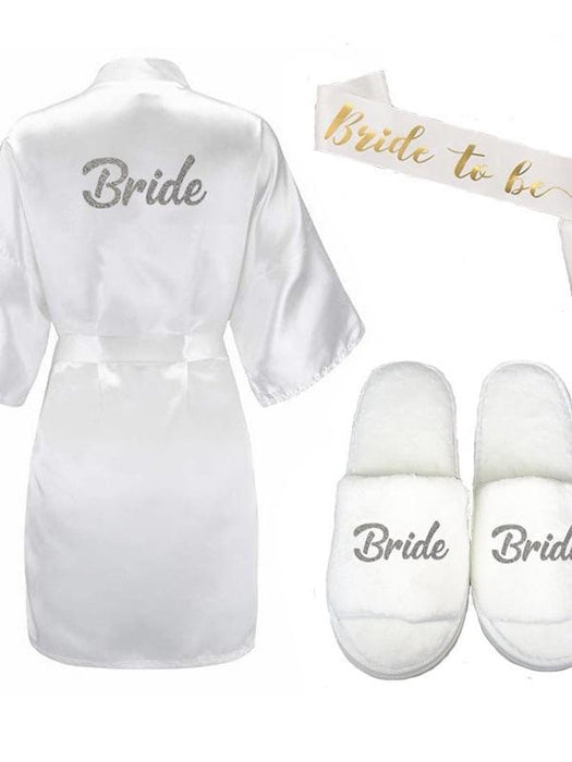 Bridelily 3Pc Set Of Bride Slippers Bridal Sash Peignoir Satin Robes - 3pc set / L - robes