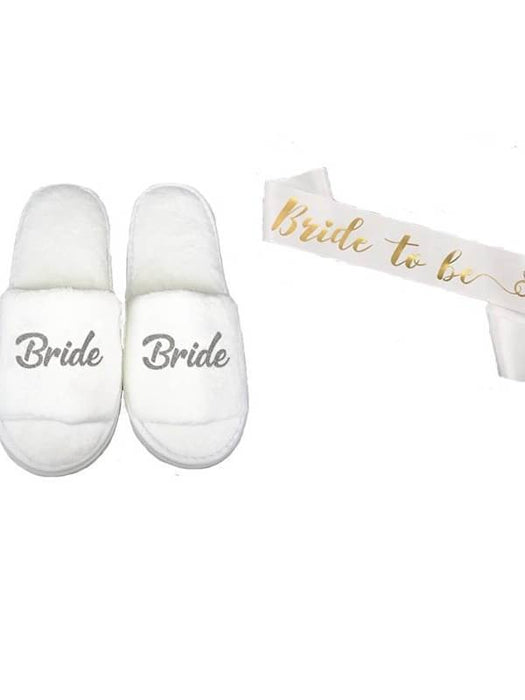 Bridelily 3Pc Set Of Bride Slippers Bridal Sash Peignoir Satin Robes - slipper and sash / S - robes
