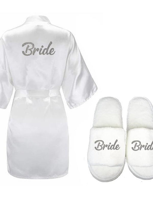 Bridelily 3Pc Set Of Bride Slippers Bridal Sash Peignoir Satin Robes - robe and slipper / One Size - robes