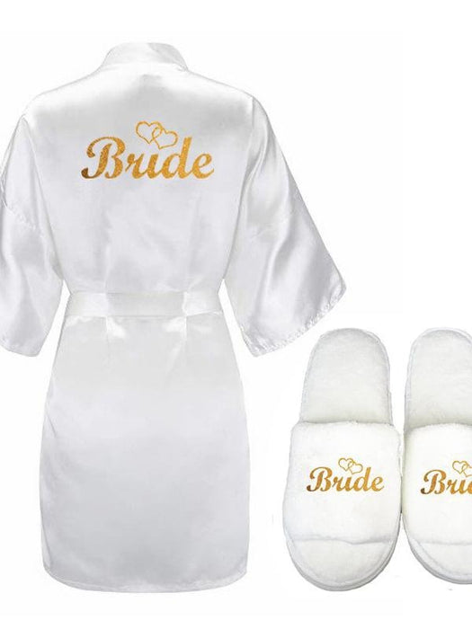 Bridelily 3Pc Set Of Glitter Gold Bride Satin Short Bride Robes - rose and slipper / L - robes