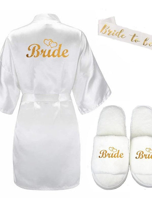Bridelily 3Pc Set Of Glitter Gold Bride Satin Short Bride Robes - 3pc set / L - robes