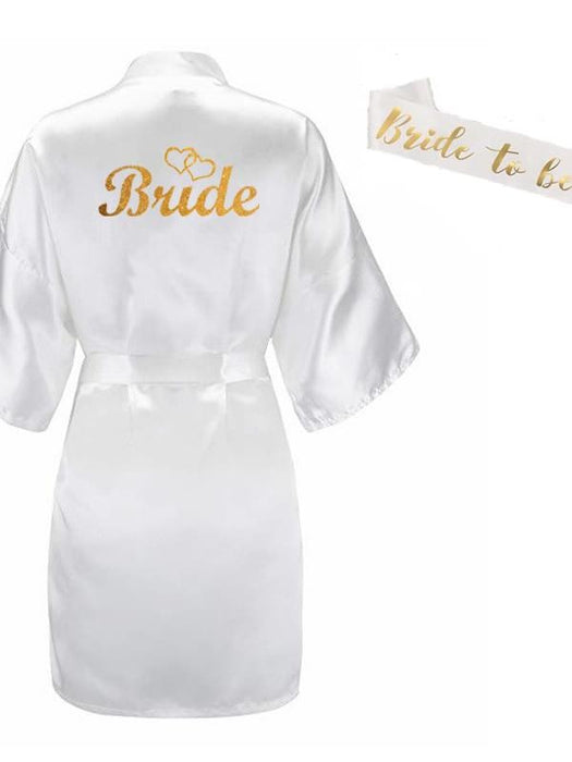 Bridelily 3Pc Set Of Glitter Gold Bride Satin Short Bride Robes - rose and sash / L - robes