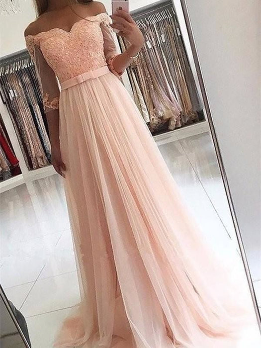 Bridelily A-Line 3/4 Sleeves Off-The-Shoulder Tulle With Sash/Ribbon/Belt Sweep/Brush Train Dresses - Prom Dresses