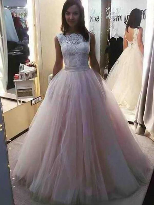 Bridelily A-Line Bateau Sleeveless Sweep/Brush Train Lace Tulle Dresses - Prom Dresses