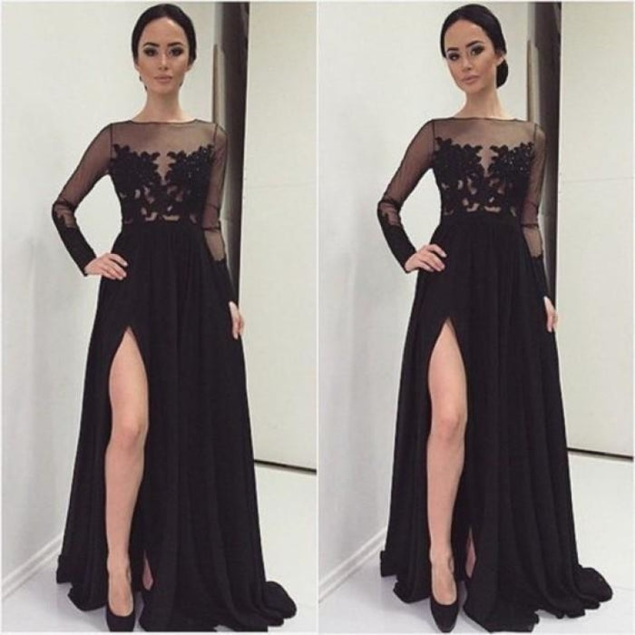 Bridelily A-Line Black Long Sleeve Tulle Lace Evening Dress Latest Sweep Train Side Slit Prom Dresses TB0258 - Prom Dresses