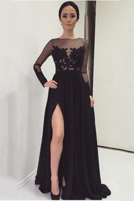 Bridelily A-Line Black Long Sleeve Tulle Lace Evening Dress Latest Sweep Train Side Slit Prom Dresses TB0258 - Prom Dresses