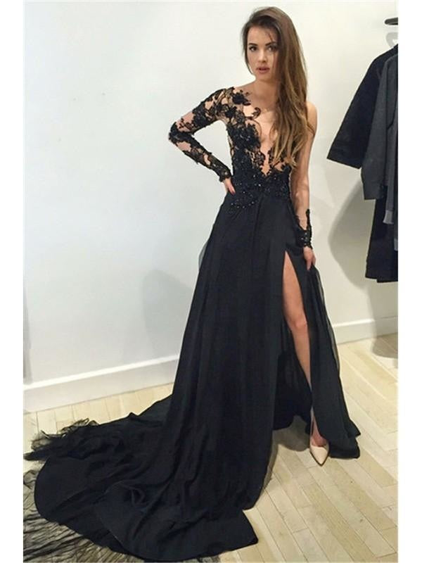 Bridelily A-Line Chiffon Bateau Long Sleeves Court Train With Lace Dresses - Prom Dresses